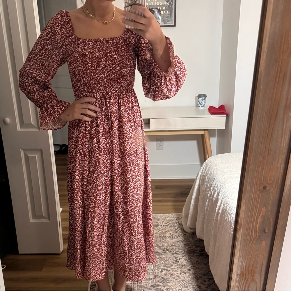Red Floral Square-Neck Midi Dress